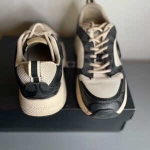 Coach Beige and Black Logo Panel Lace-Up Sneakers
